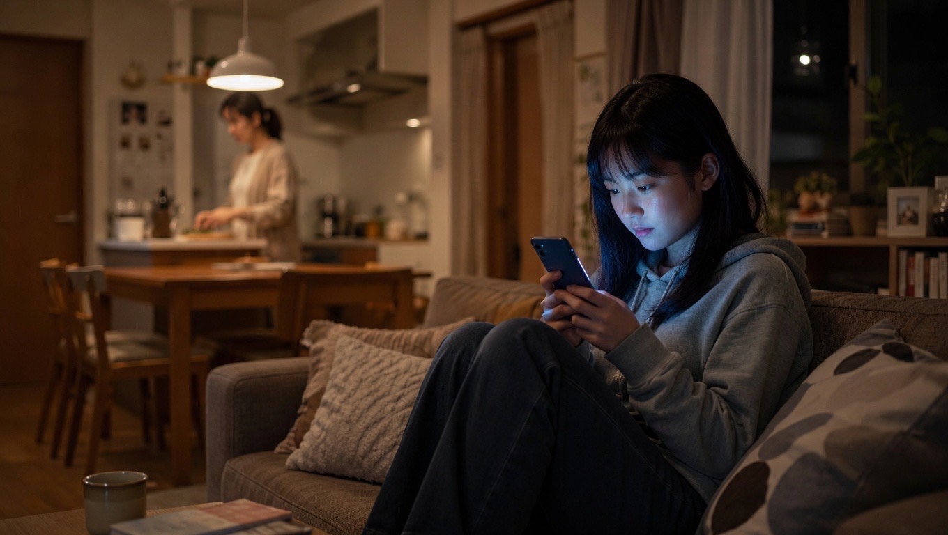 親に言えない気持ちをスマホに向かって打ち込む子どもと、背景にいる親の気配